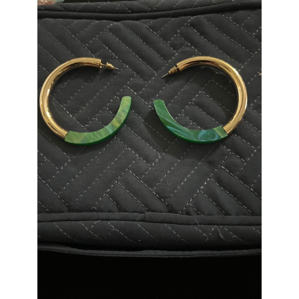 Gold Hoop Earrings w Green Acrylic Half‎ Moon Statement Bohemian Earrings